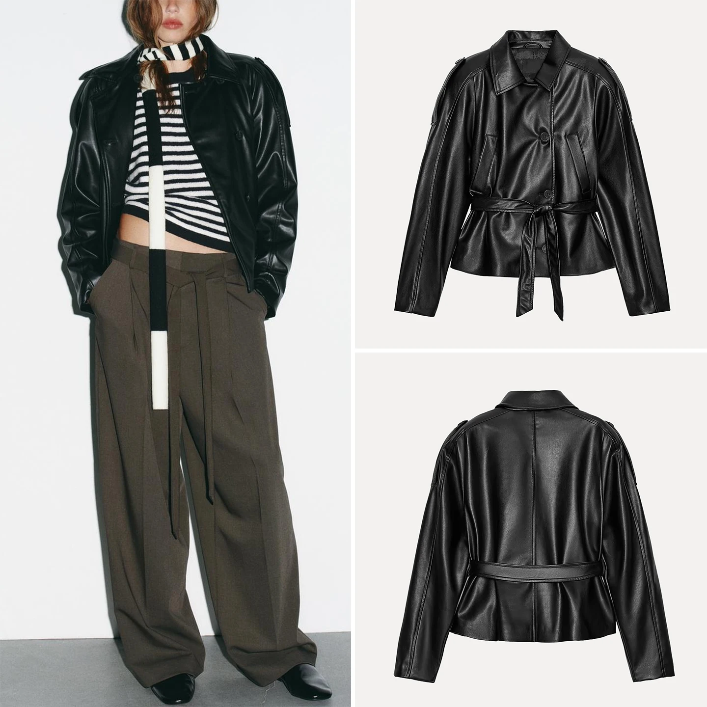 Casaco E de Couro Sintético para Mulheres, Manga Longa, Moda de Outono, Ajuste Padrão, Jaqueta Fena da Marca Z