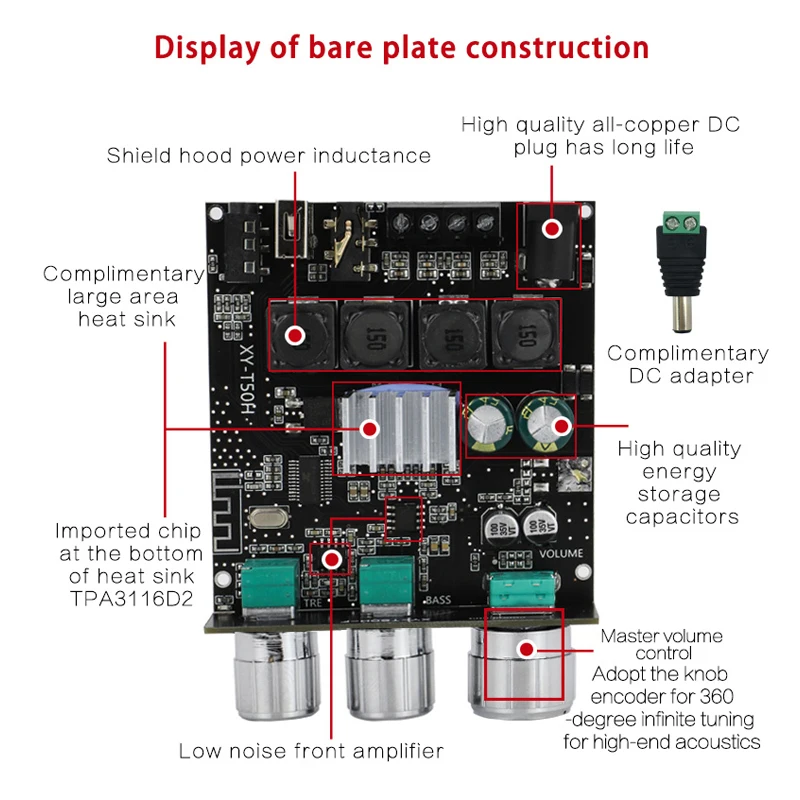 サブウーファーアンプ,XY-T50Hチャンネル,Bluetooth 5.0,2x50W,オーディオ,ステレオ,フェイクベースアンプ,2.0