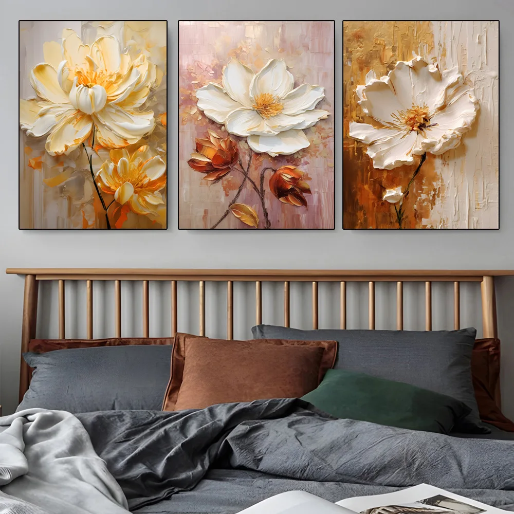 Luxury Floral Canvas Prints,Textured White Gold Peony Wall Art, Modern Abstract Flower Unframed Poster
