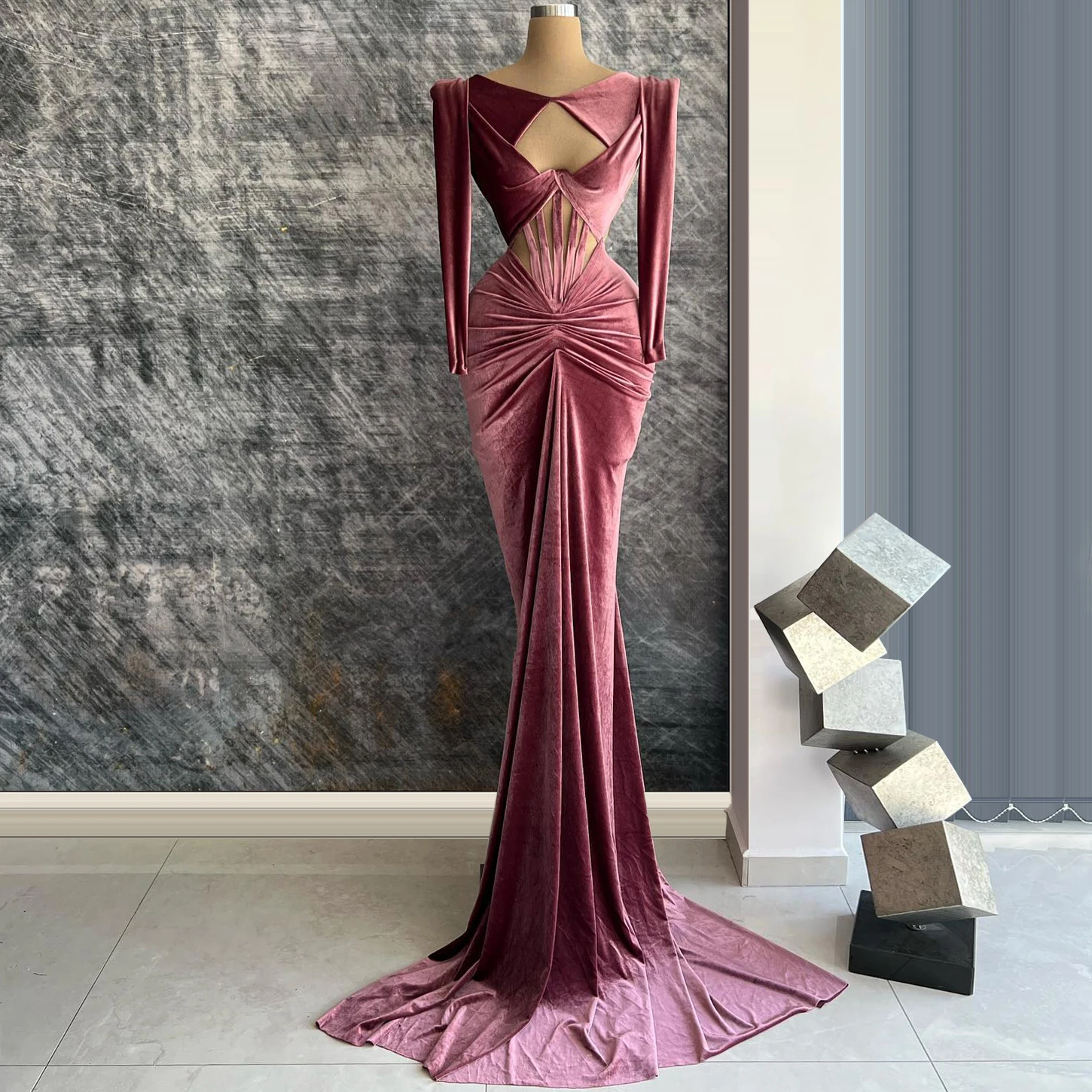

Simple velvet evening gown with round neckline long sleeves openwork pleated dress and train Formal occasion dress customizable