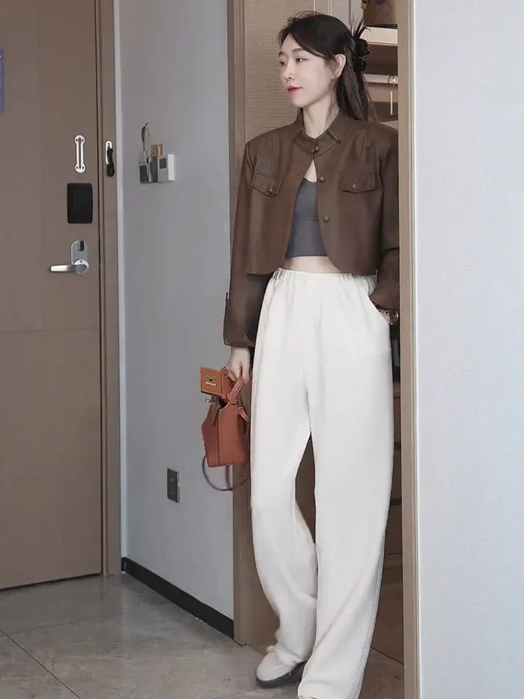 

Oajer Flagip Store ort Jaet Women's Early Autumn American Retro Leather Coat Straight Tube Regular Thin Collar