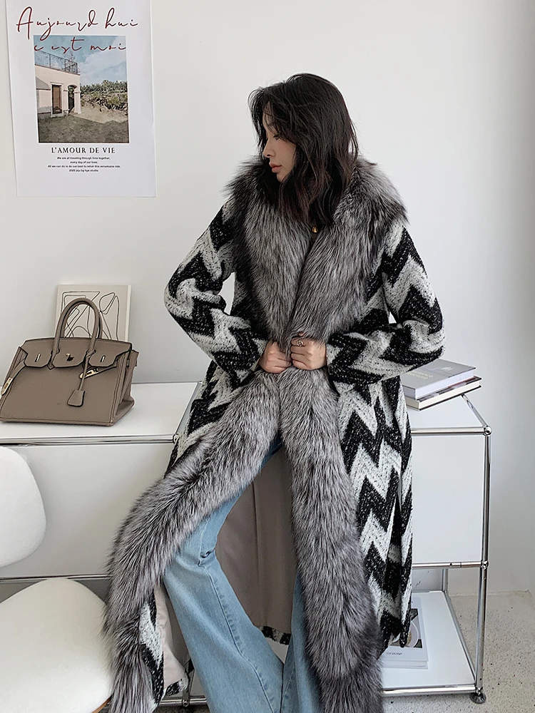 

MENINA BONITA Real Fur Coat Winter Jacket Women Wool Blends Plaid Silver Fox Fur Collar Tweed Coat Women X-Long Slim Belt Warm