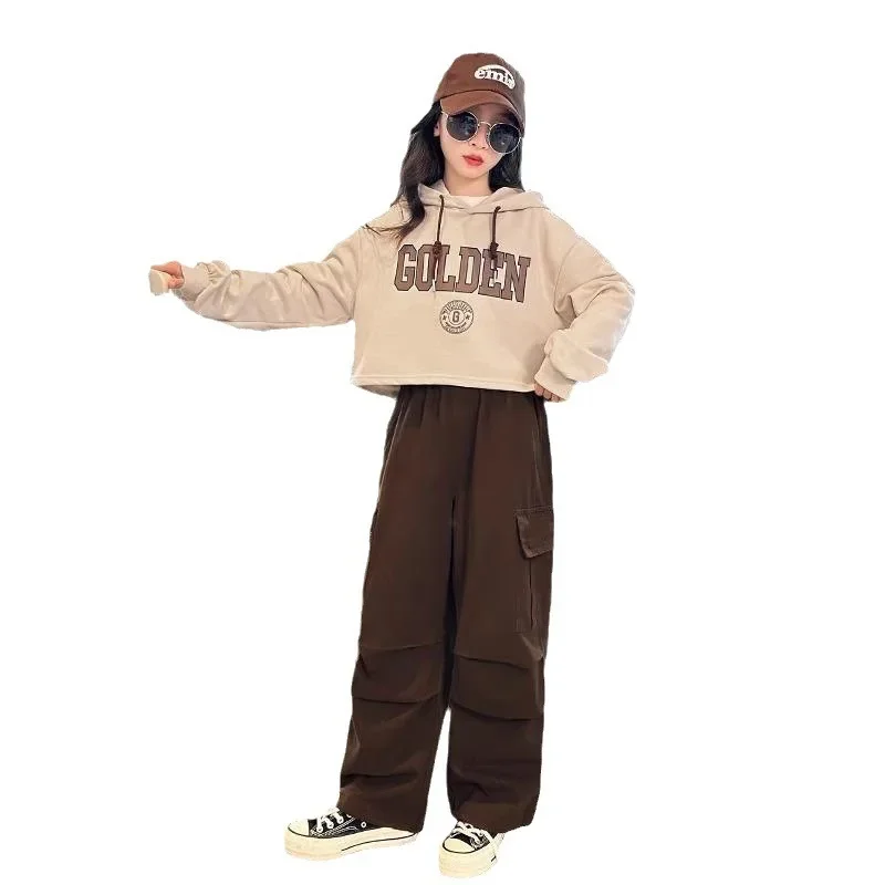 Spring Teenage Girl Clothes Set Children\'s Girls Hoodies Letter Pullover Top and Cargo Pants 2 Pieces Outfit Kids Tracksuit