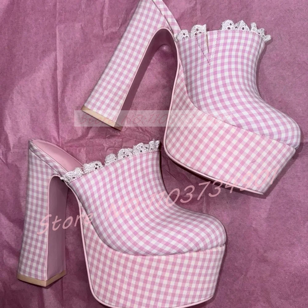 Pink And White Gingham Platform Sandals Women Lace Trim Round Toe Block Heels Mules Lolita Fashion Casual Pull On Sandals