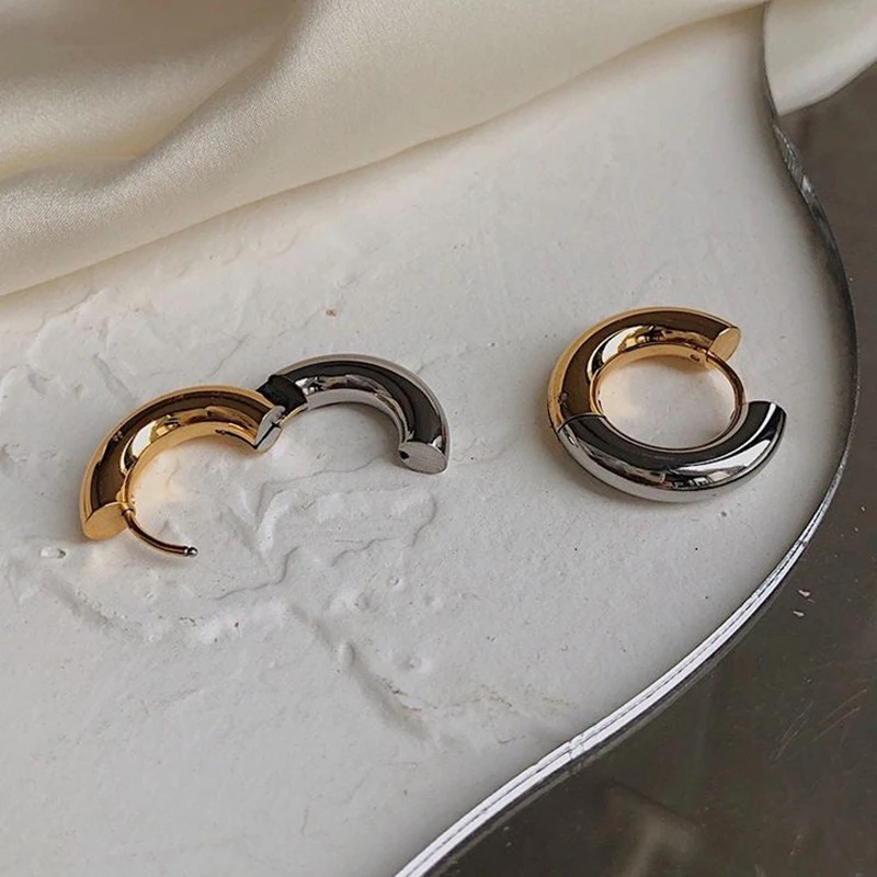 Mode Gold Silber Doppel Farben Edelstahl 18K vergoldet Huggies Ohrringe Plain Ring Ohr Hoops für Frauen Punk Schmuck – Detail 8
