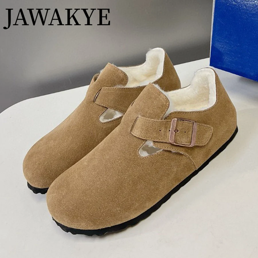 2023 Luxury Suede Real Fur inside Slippers Round toe Half Slippers Buckle Woman's Flat Mules non-slip Causal Slippers for Home