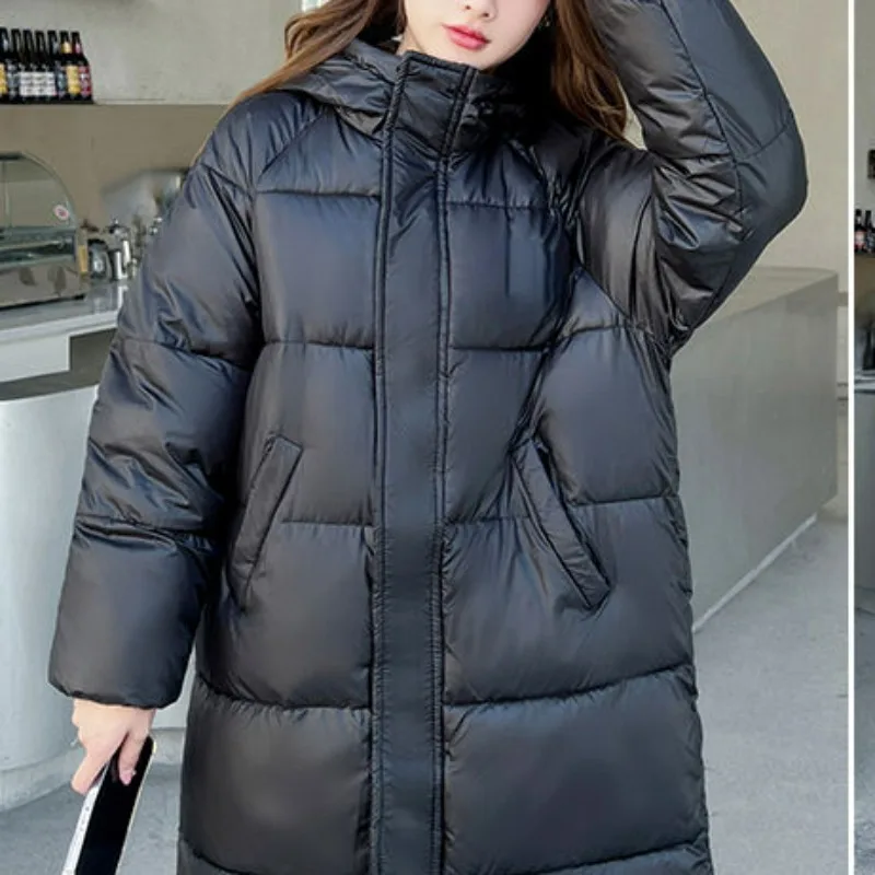 

2023 New Winter Men and Women Mid Length Cotton Dress Black Fashion Casual Hooded Thickened Warm Couple Coat