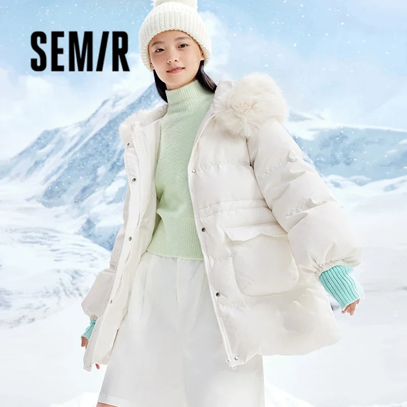 

Semir Down Jacket Women Mid-Length Fur Collar Hooded 2023 Winter New Drawstring Loose Texture Thick Top