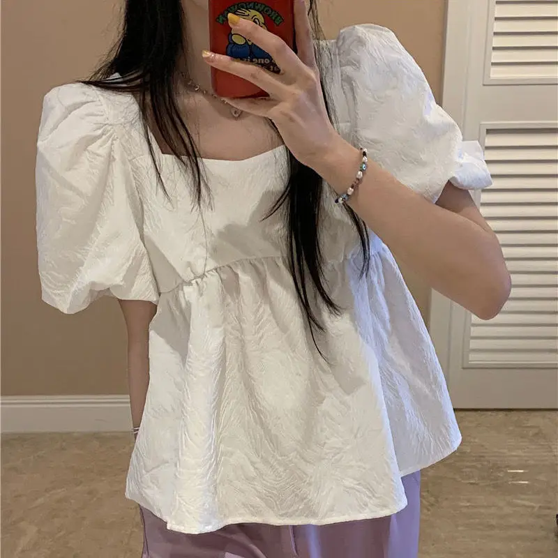 White Textured Square Neck Puff Bubble Short Sleeve Blouse Women Ruched Waist Flared Peplum Babydoll Top