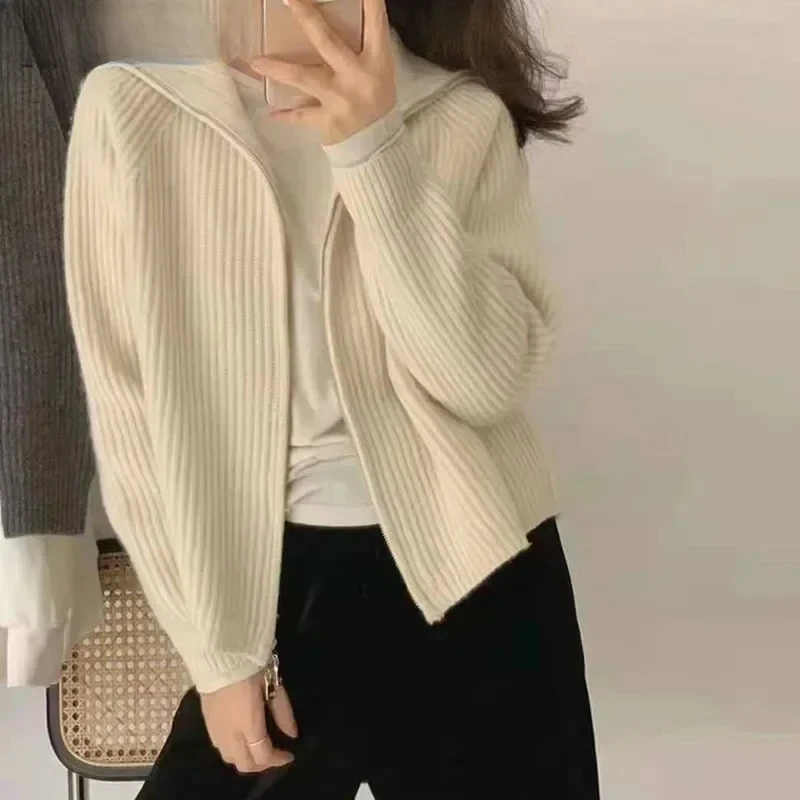 Dark Grey Knit Cardigan Double End Zipper Short Top Turndown Collar Coat Women Slim Warm Korean Fashion Spring Fall F389