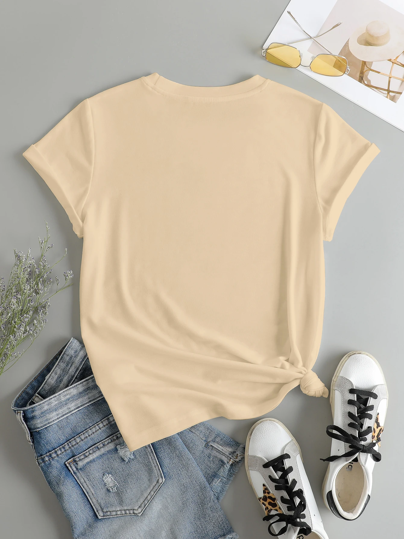 Cute bunny print crew-neck T-shirt, casual short-sleeved top spring/summer, outdoor travel sportswear