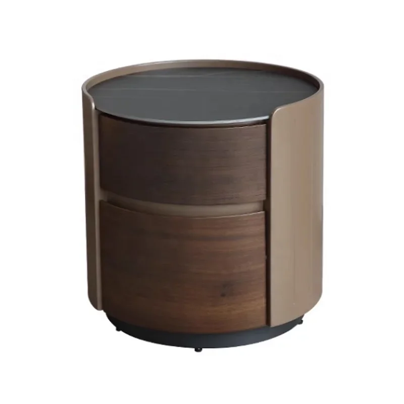 High-end simple walnut bedside table modern bedroom rock slab round lacquer solid wood bedside table