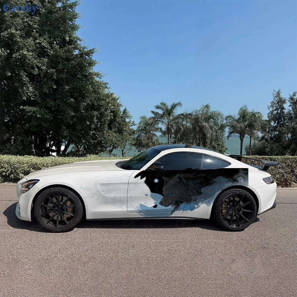2pcs Ink-Splatter Dual Wolves Car Side Wraps, Self-Adhesive PVC Waterproof & Scratch-Resistant Stickers, Car Accessory Gift