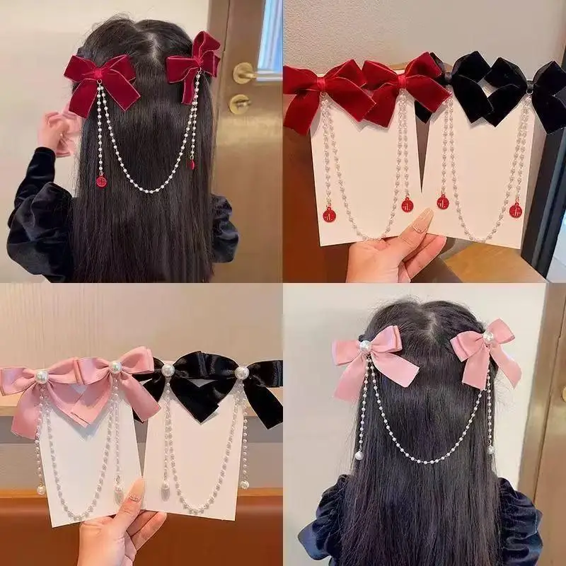 Vintage Ribbon Barrettes Bow Hair Clips With Pearl Tassel Princess Hair Pins For Girls Hanfu Dress Party Daily Hairstyle Decor