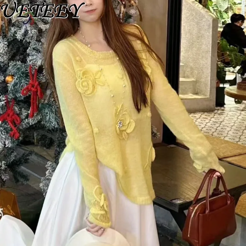 

Spring Autumn New Fashion Elegant Round Neck Pullover Age-Reducing Heavy Craft Flower Versatile Slimming Long Sleeve Knitted Top