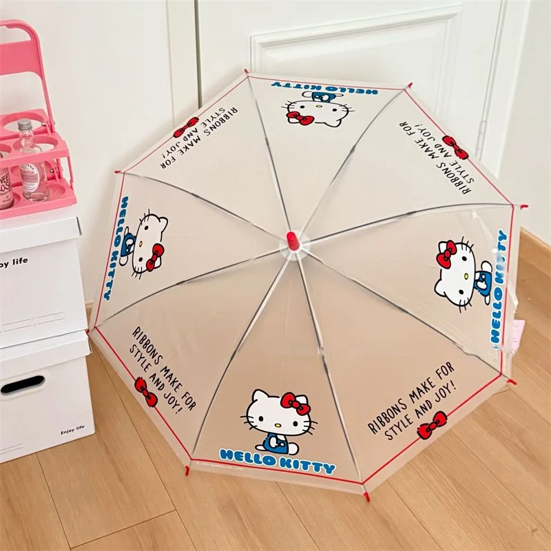 ร่มใสลายการ์ตูนซานริโอ้ เฮลโล คิตตี้ ร่มด้ามยาวแบบด้าน ร่มอัตโนมัติสำหรับนักเรียน ของขวัญสำหรับเด็กผู้หญิง