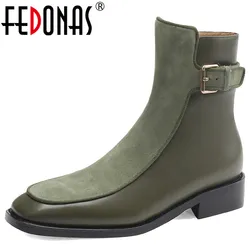 FEDONAS moda donna elegante stivaletti Splicing vera pelle fibbia in metallo tacchi bassi scarpe da donna da ufficio donna autunno inverno