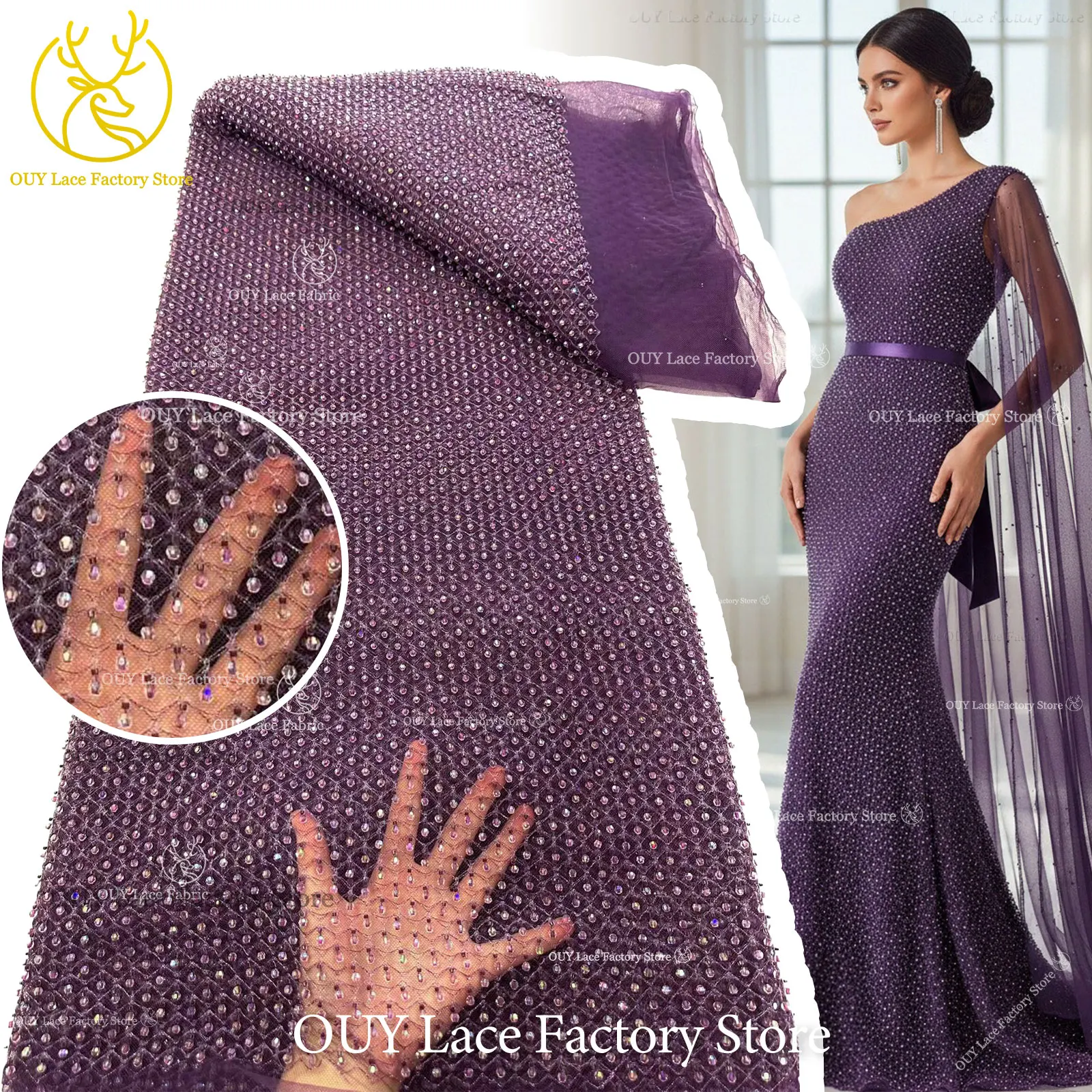 

5 Yards Nigerian Stone Tulle Lace Fabric Brown African Lace Fabric High Quality French Beaded Sequins Lace Sewing Party Dress