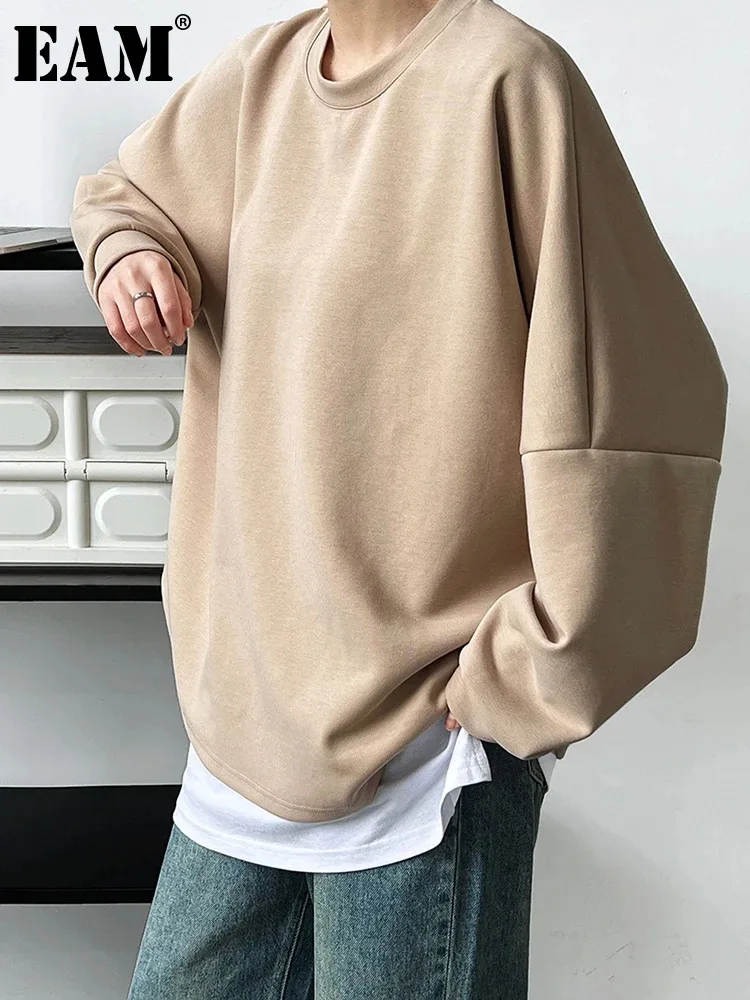 

[EAM] Apricot Casual Shaped Sweatshirt New Round Neck Long Sleeve Women Big Size Fashion Tide Spring Autumn 2023 1DH6668