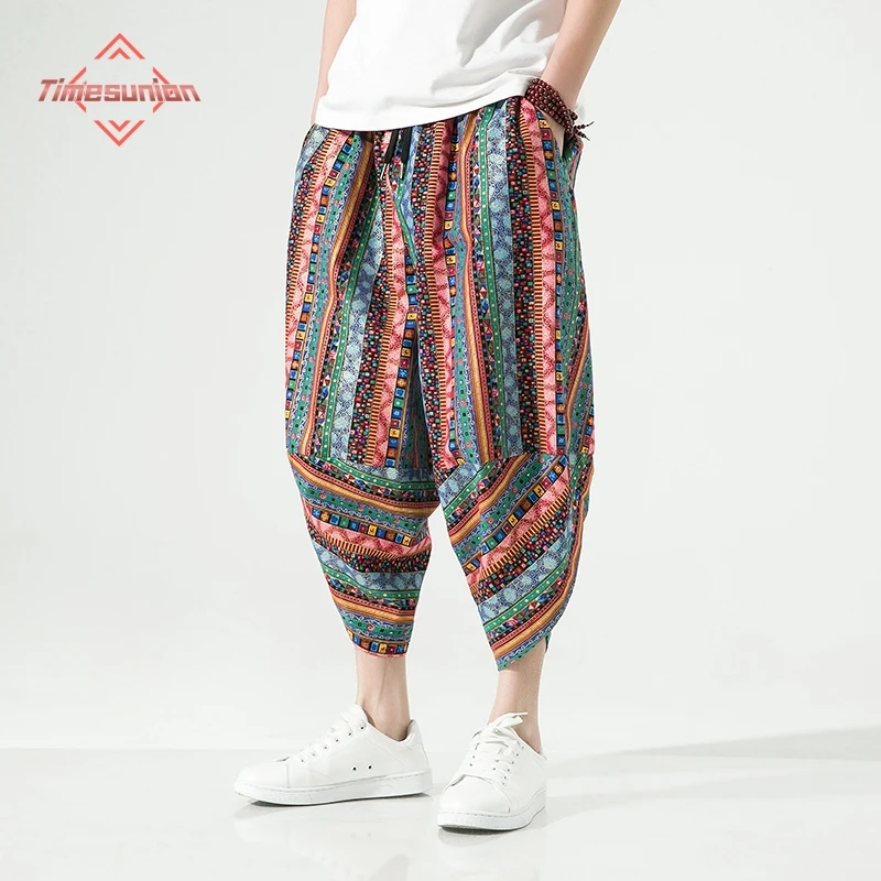 

Summer Ethnic Style Casual Calf Length Pants Mens Pants Wide Leg Cotton Linen Printing Harem Pants Men Clothing Fashion Baggy