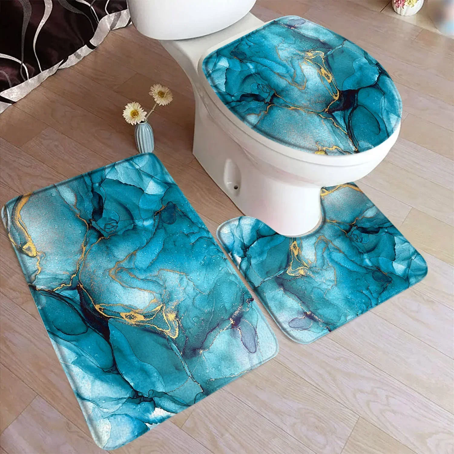 Abstract Blue Marble Bath Mat Set Geometric Ink Art Modern Home Carpet Flannel Bathroom Decorative Floor Rugs Toilet Lid Cover