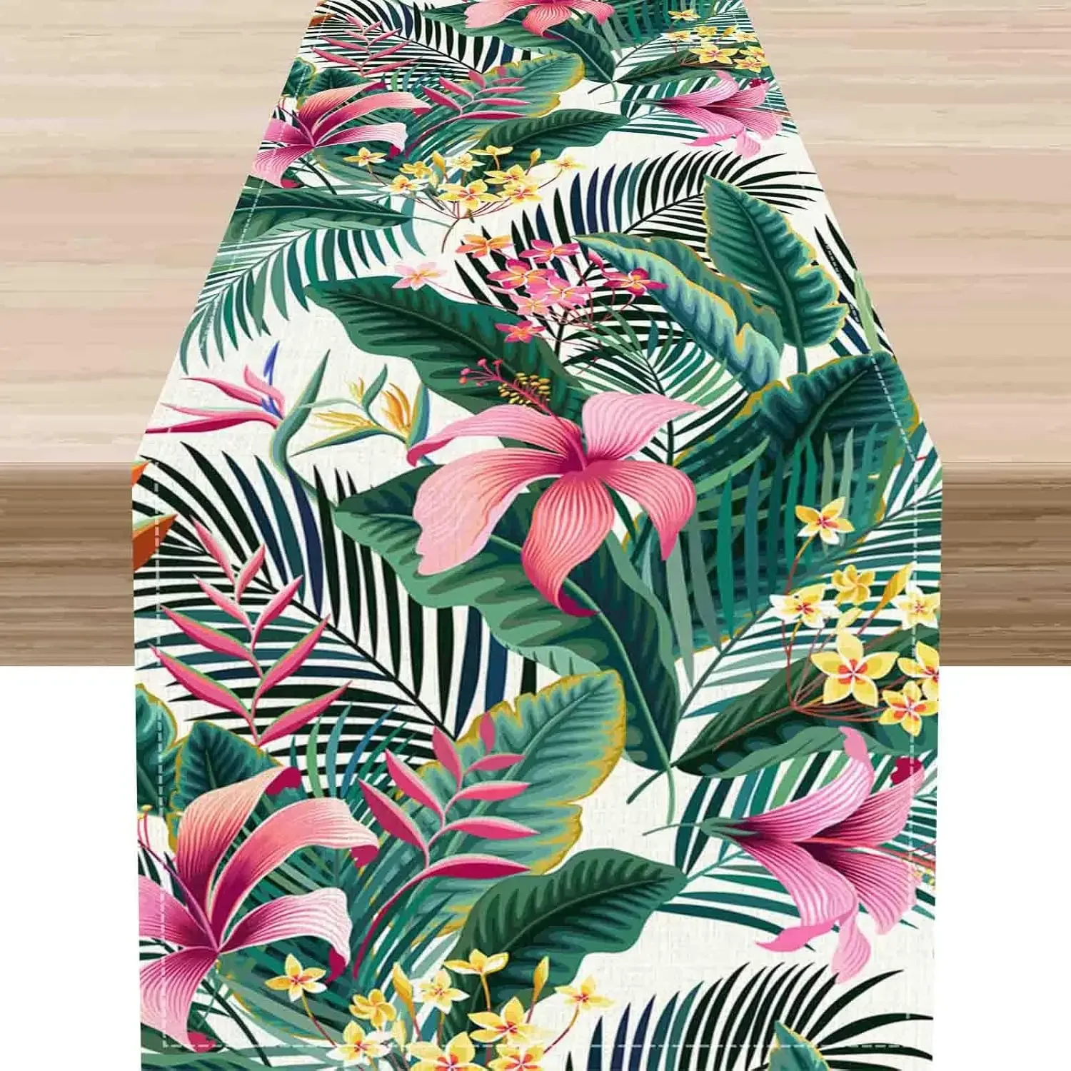 1Pc Tropical Style Table Runner Multicolor Hibiscus And Palm Leaves Print Table Cover For Dining Room Kitchen Party Wedding Banq