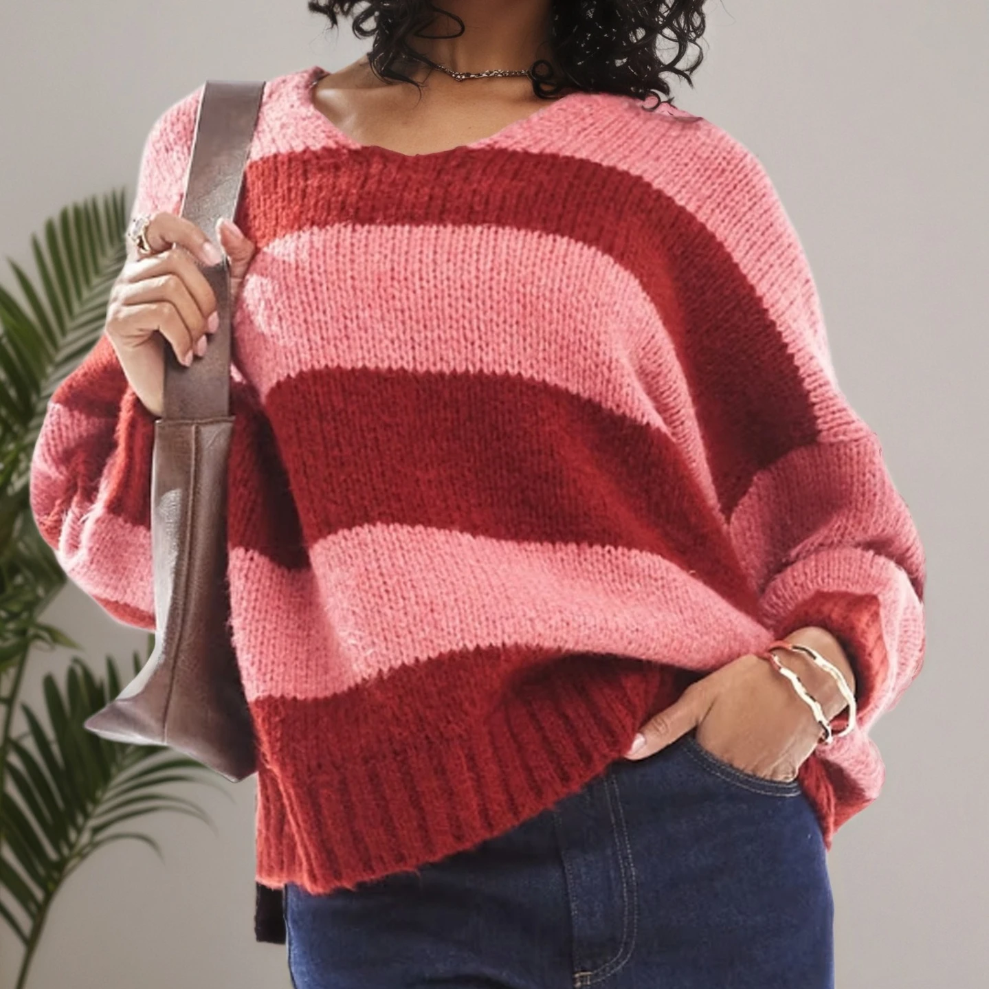 

2025 Autumn Winter New Color-block Striped Sweater Women's Casual Loose Pullover Knit
