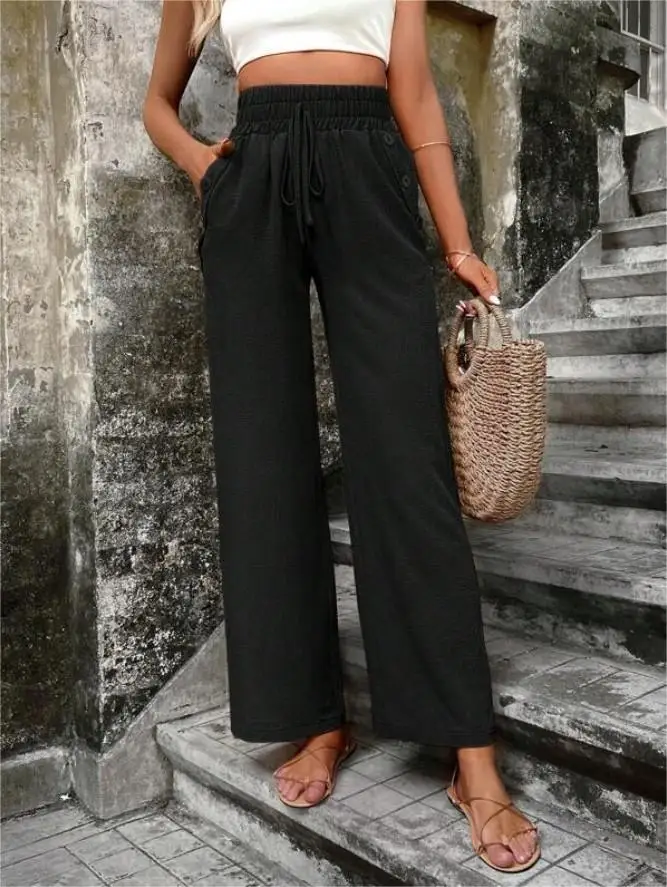 ผู้หญิงสูงเอวหลวม Fit Casual กางเกงฤดูใบไม้ผลิฤดูร้อนสีเอวยาวกางเกงขาตรงกางเกงยีนส์