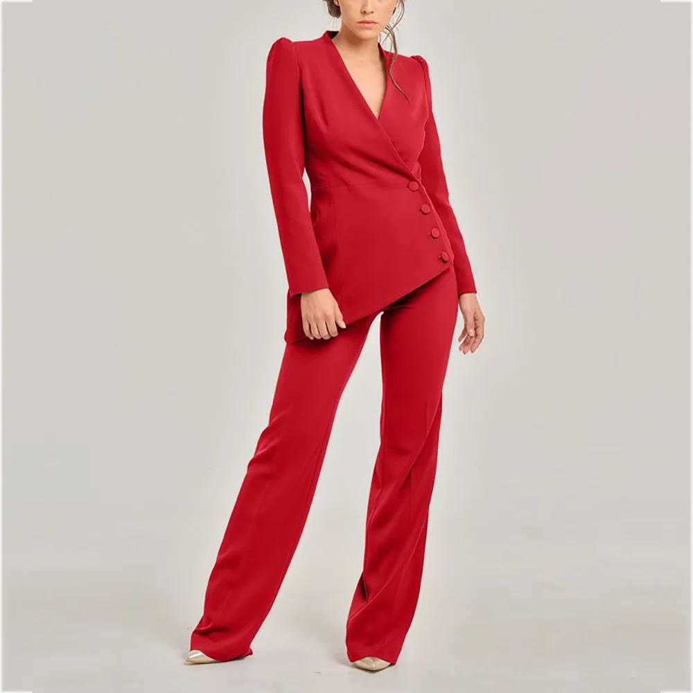 

Винтажный красный женский костюм из двух предметов, классический однобортный наклонный модный однотонный элегантный женский комплект на заказ, куртка, брюки