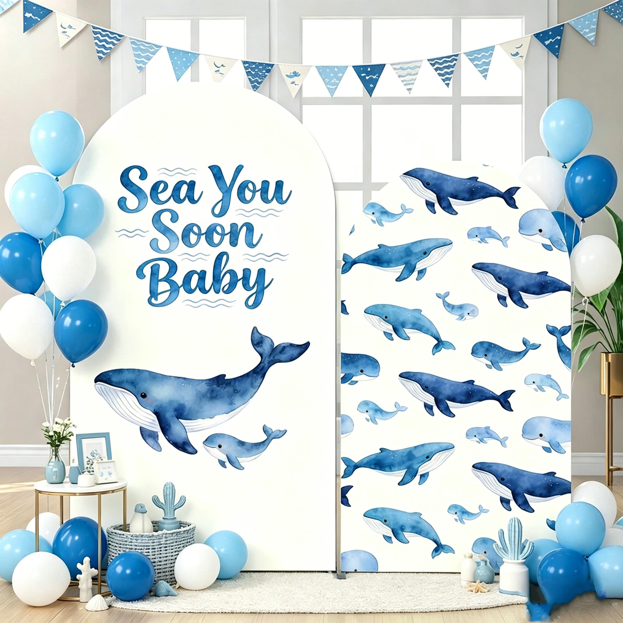 Custom 2-sided Sea You Soon Themed Baby Shower Party Background Blue Whale Newborn Birthday Chiara Arch Backdrop Cover Decor