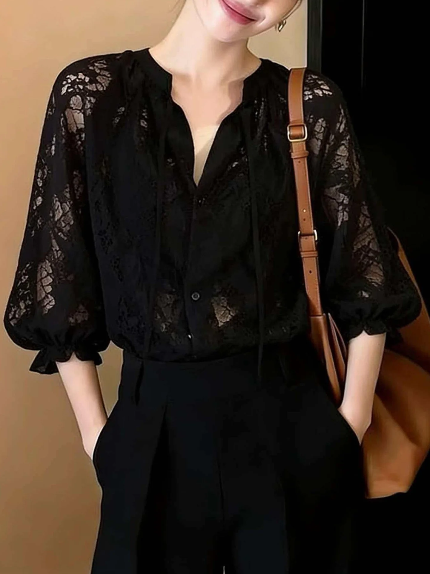 Elegant Lace Shirt Fashionable Light Maturity Style Korean Version Straight Cut Silk Women's Top Poetic Lin Brand Commute Wear