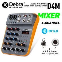 IKGE D4M Mini 4-Channel Audio Mixer DJ Console Mixer with Reverb Bluetooth USB Sound Card 48V for Karaoke Singing, PC Recording