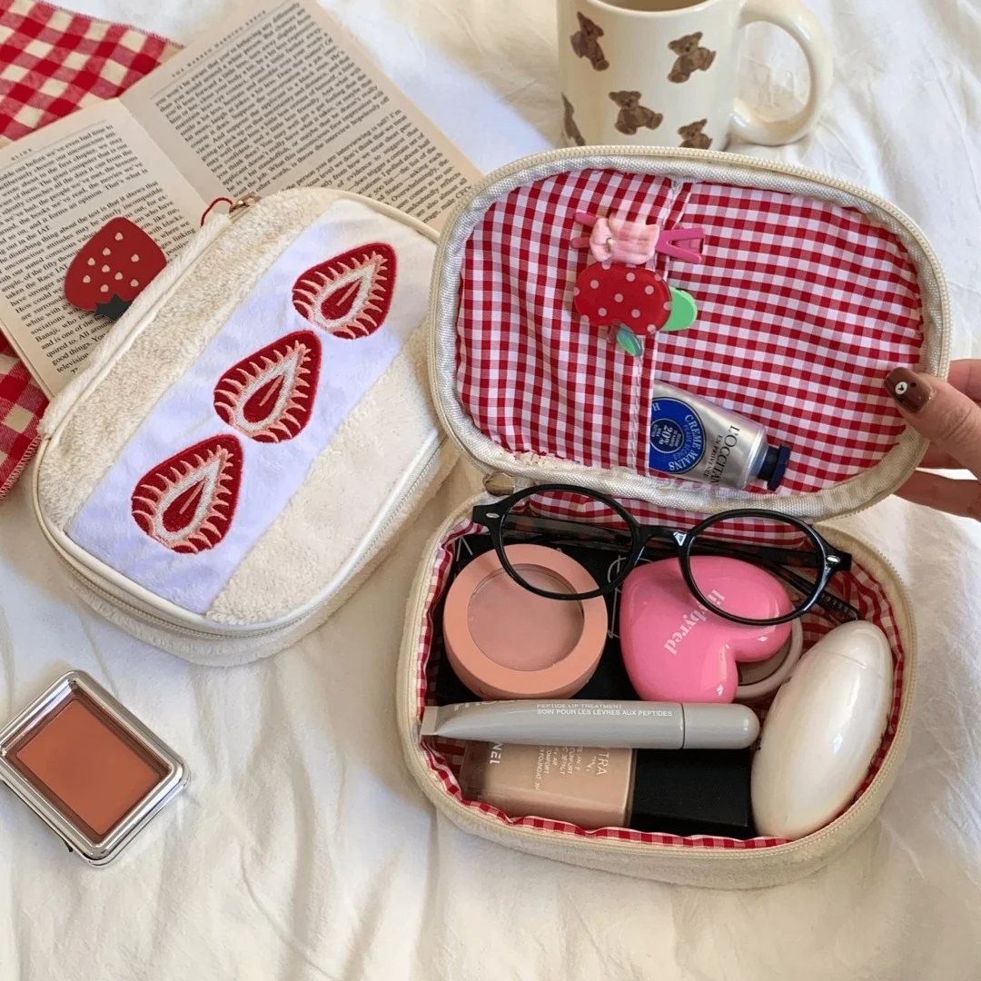 Cute Embroidered Strawberry Plush Pencil Case Portable Stationery Pen Box Multi Functional Large Capacity Makeup Bag Storage Bag