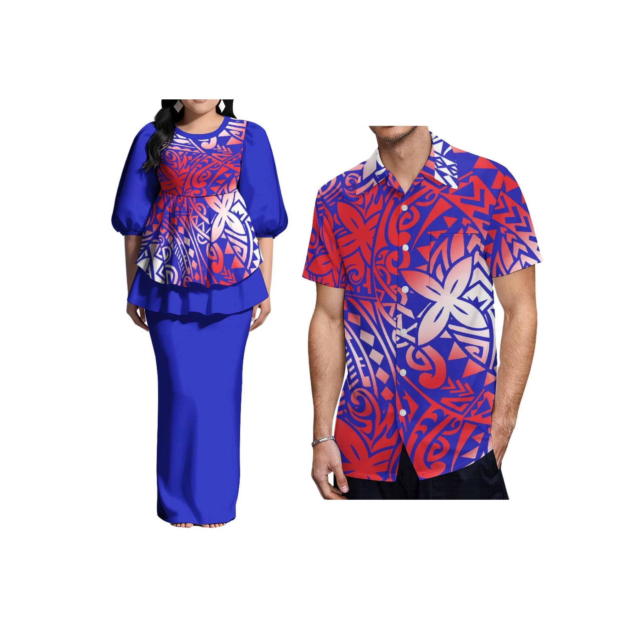 

Высококачественное синее женское платье с гавайским принтом и короткими рукавами, многослойное платье с оборками Tonga Puletasi, комплект из 2 предметов