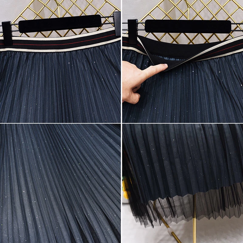 2021 New Spring Summer Autumn High Waist Sequin Half Length Skirt Pleated Skirt A-line Mesh Lady Girl