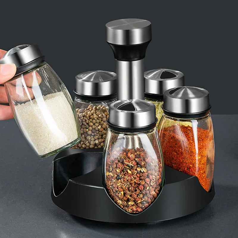 Spice Jar Set Glass Organizer Pepper Shaker Flavor Container Seasoning Pot Kitchen Salt Rack Bottle Holder Flavouring Tank Shelf