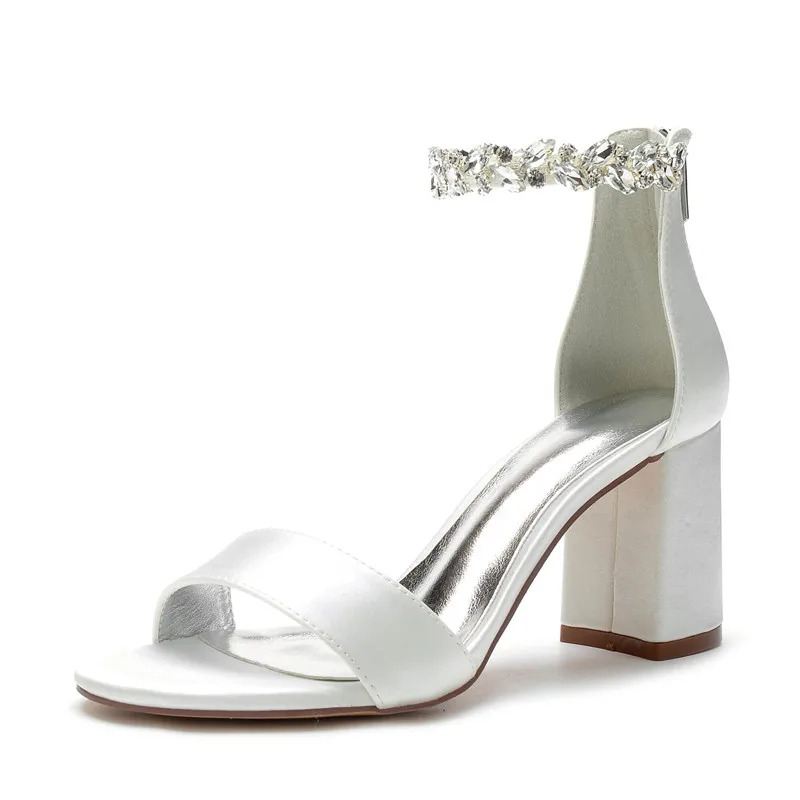 

High Chunky Heel Wedding Sandal Shoes Women Rhinestones Bridal Block Heels Open Toe Zipper Back Evening Party Heeled Sandals