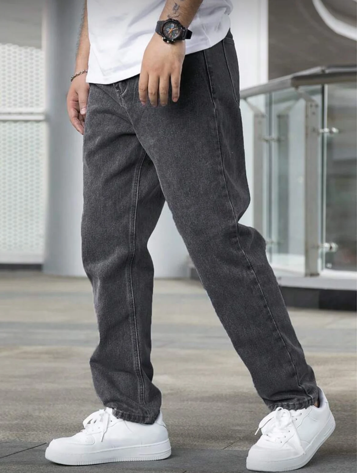 Men's Loose Straight Jeans, Vintage Dark Grey Washed, Casual Daily Wear, Comfortable & Versatile, All Sizes - Image 3