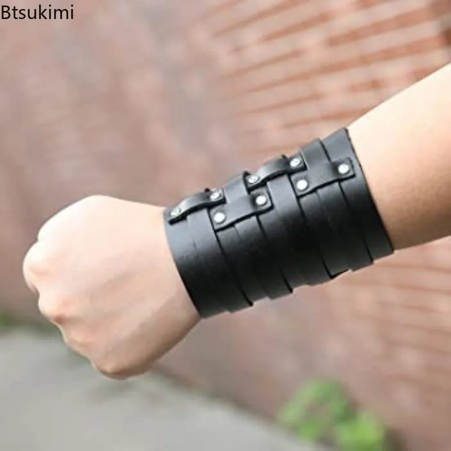 

Vintage PU Leather Wristband Adjustable Chunky Wrap Bracelet Metal Concealed Buckle Gothic Punk Bracelets Cosplay Costume Props