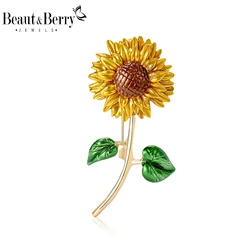 Beaut&Berry Classic Enamel Sunflower Brooches for Women Plant Pins Friends Party Gifts Banquet Jewellery Accessories