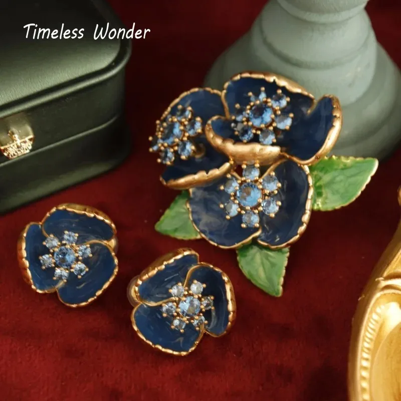 Timeless Wonder Retro Enamel Zircon Geo Floral Brooch Pins for Women Designer Jewelry for Gown Runway Rare Luxury Gift Set 5381