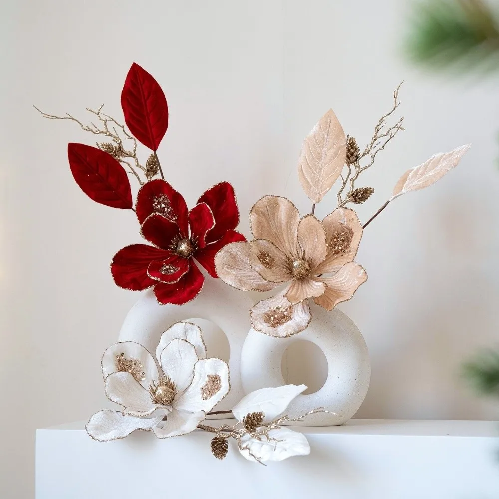 

Glitter Artificial Christmas Flower Red Gold Flocking Christmas Poinsettia DIY Realistic Xmas Decorative Flowers Wedding Party