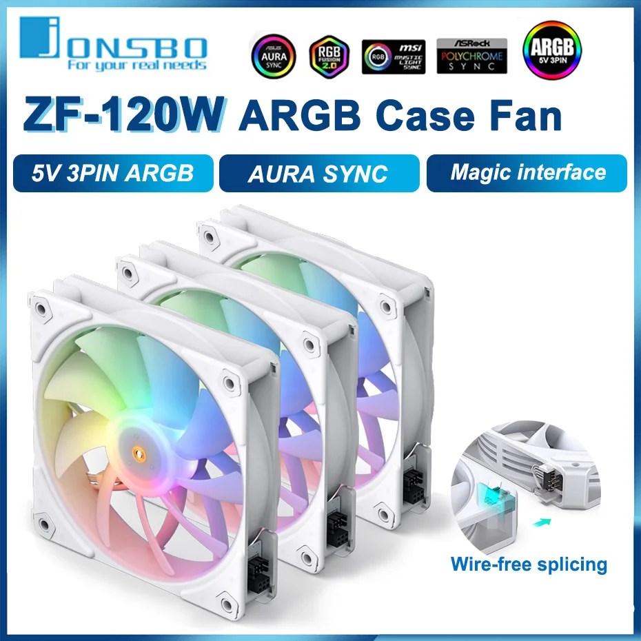 

JONSBO ZF-120W 3in1 120mm Case Fan 5V 3PIN ARGB CPU Cooler Fan Wire-free Splicing PWM Silent Cooling Fans