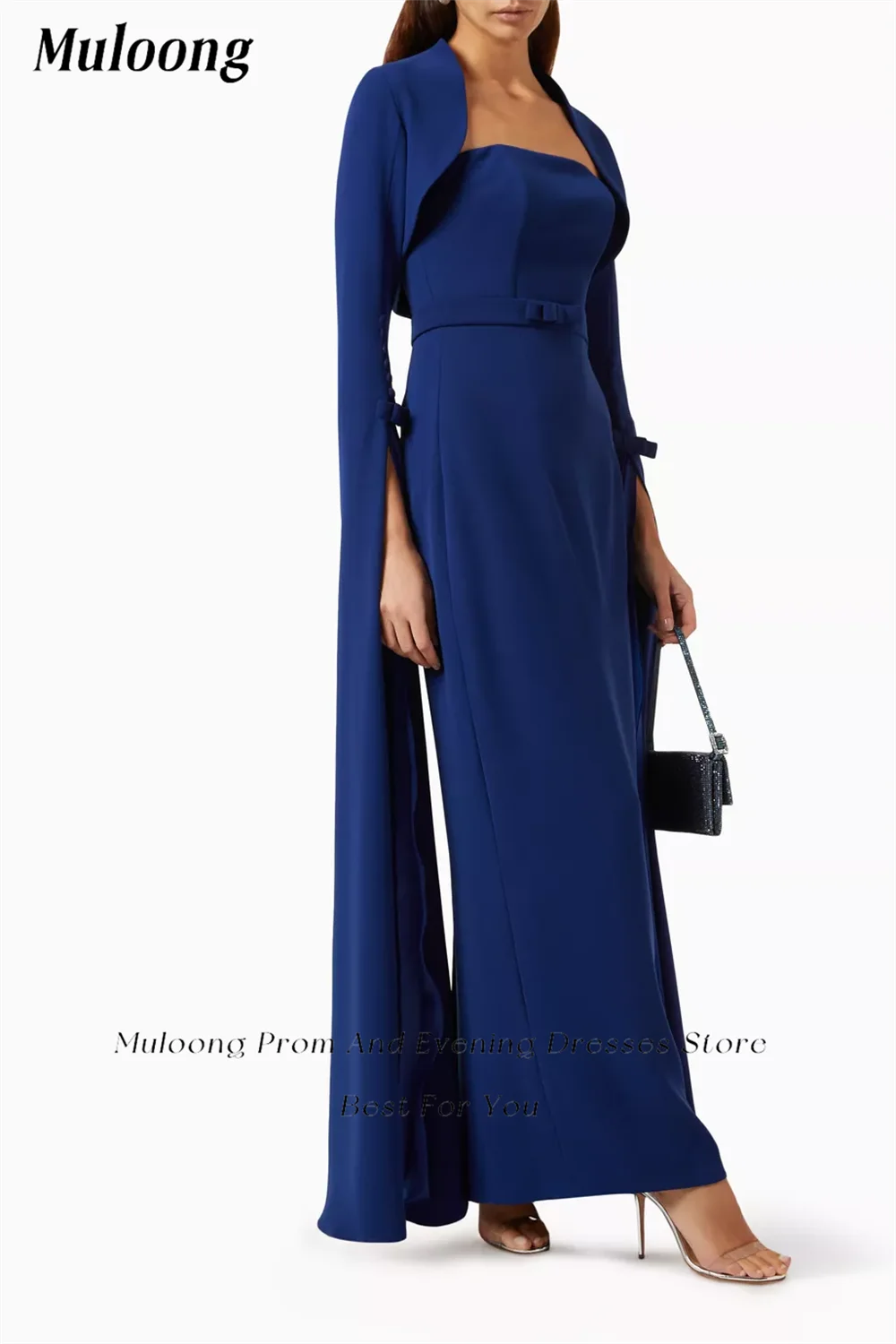 Muloong Blue Strapless Maxi Dress Back Split Ankle Length Detachable Bolero with Pleated Flare Sleeves Saudi Aribia Prom Gown