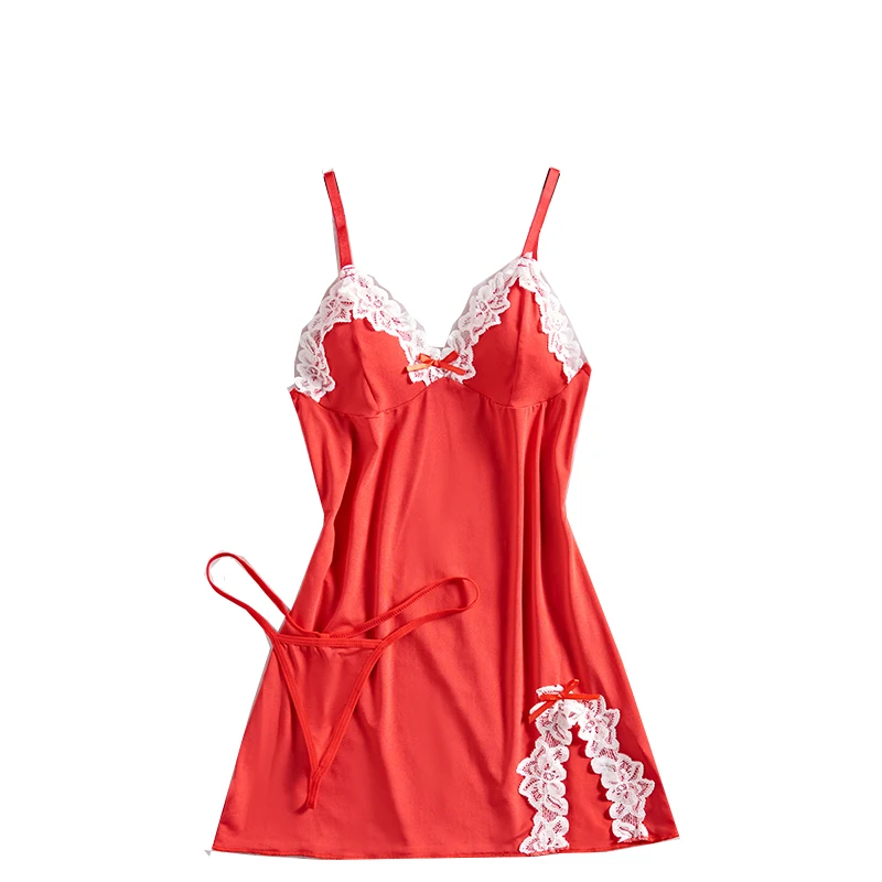 

Temptation Deep V Babydolls Red Lace Skirt Dress Pajamas Crotchless New Sexy Lingerie For Woman Transparent Nightgown Costumes