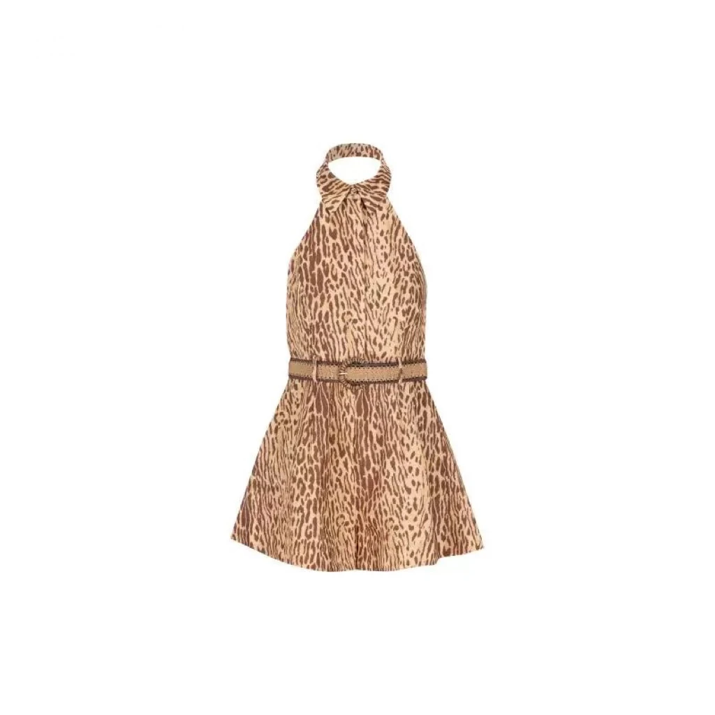 

2025 Beach Style New Drawstring Pleated Classic Vintage Leopard High Quality Backless Belted Women Mini Bodysuit
