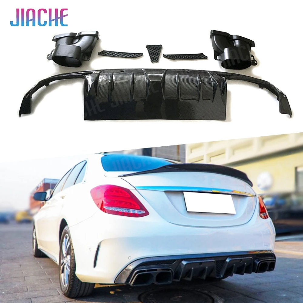 

JIACHE задний бампер из углеродного волокна, диффузор, спойлер с выхлопным наконечником для Mercedes Benz C Class W205 C200 C300 C63 для AMG 15-19