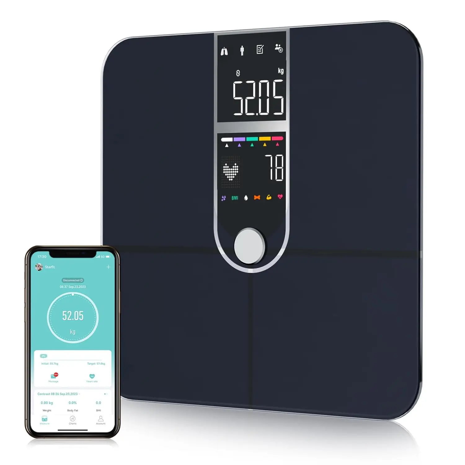 

Digital Bathroom Scale with BMI Body Fat Muscle Mass Analysis, Bluetooth App Sync, Large Color Screen for Home Use