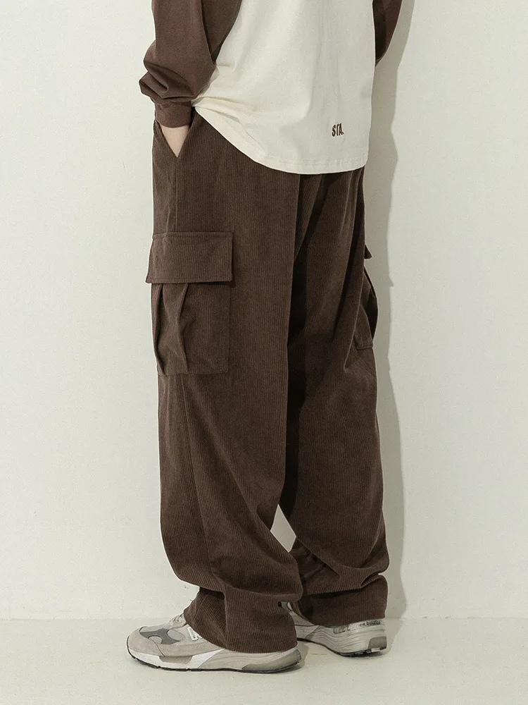 Men Corduroy Casual Trousers Spring Vintage Loose Cargo Pocket Cuffed Design Long Pants