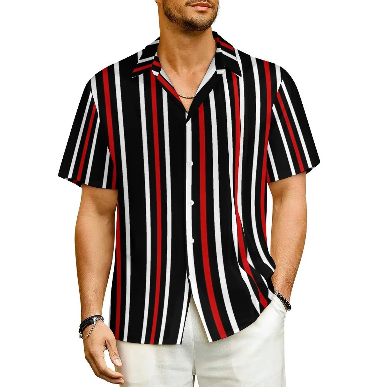 

White Red And Black Stripes Vacation Shirt Hawaii Casual Shirts Mens Elegant Blouses Short Sleeve Breathable Design Top